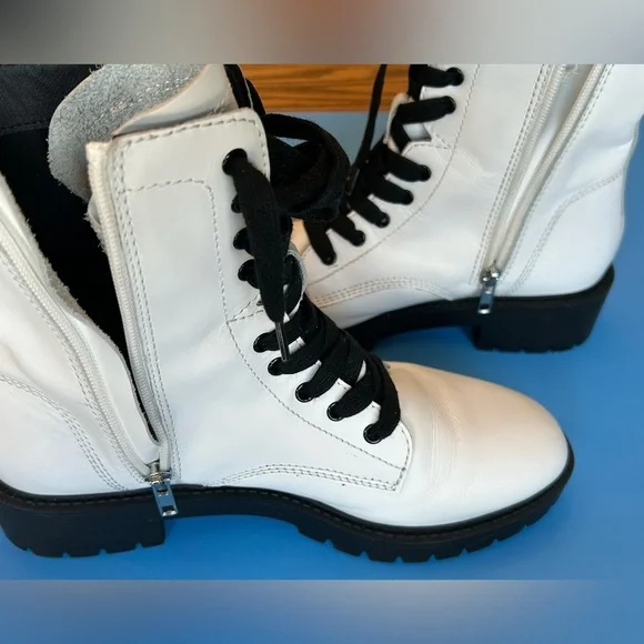 Steve Madden White Lace-Up Side Zipper Leather Combat Boots Size 9 1/2 - Picture 6 of 12
